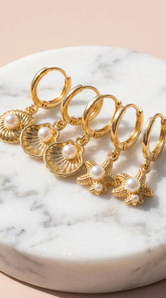 Shell & Starfish Earrings Set - Gold