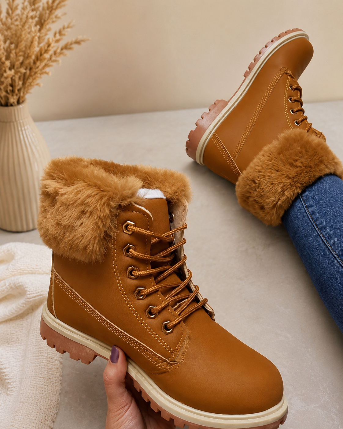 Faux Fur Lined Boots - Tan
