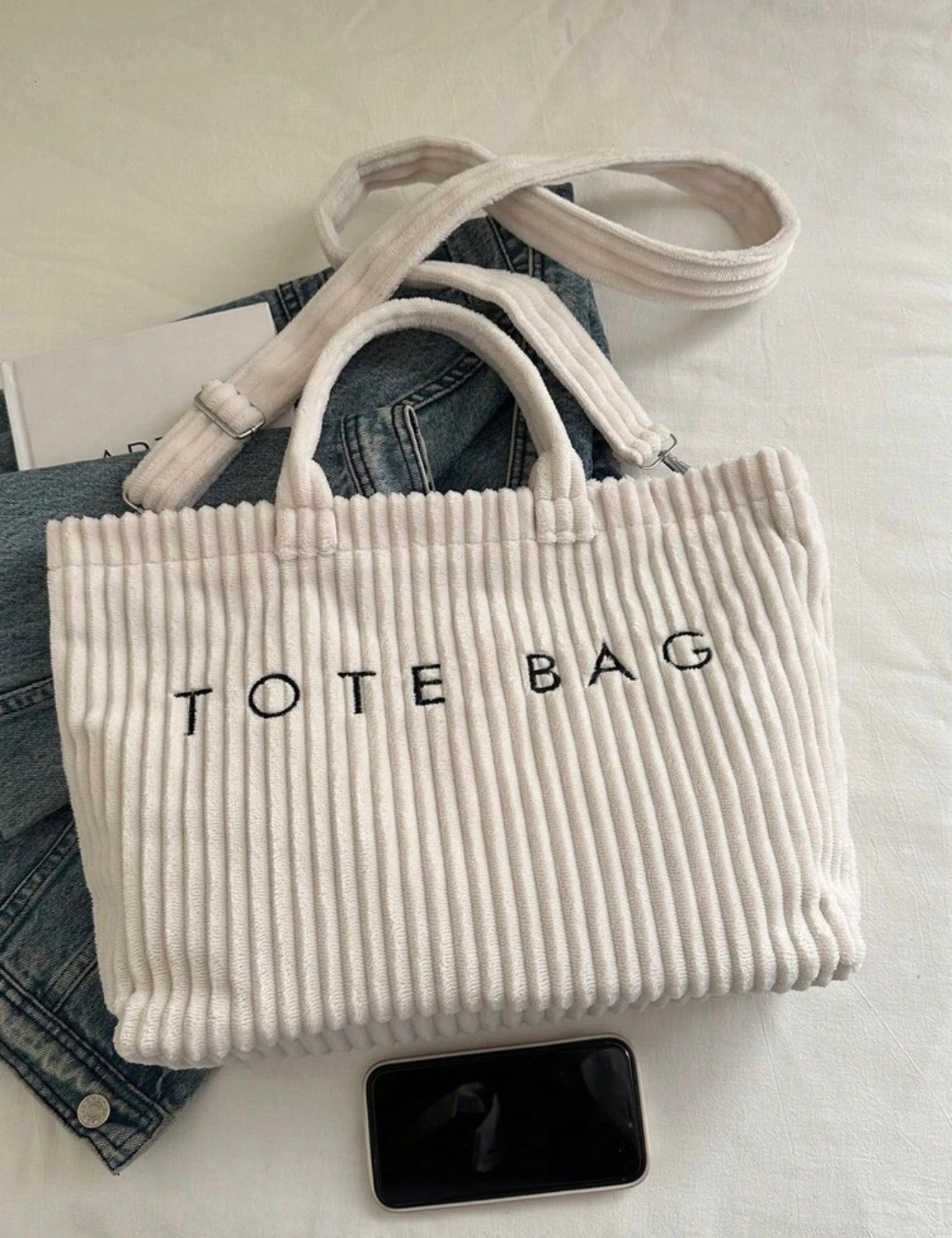 Corduroy Tote Bag - White