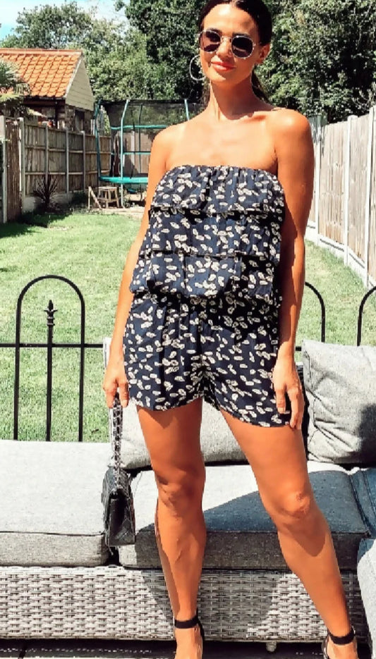 Leaves Print Playsuit - Navy
