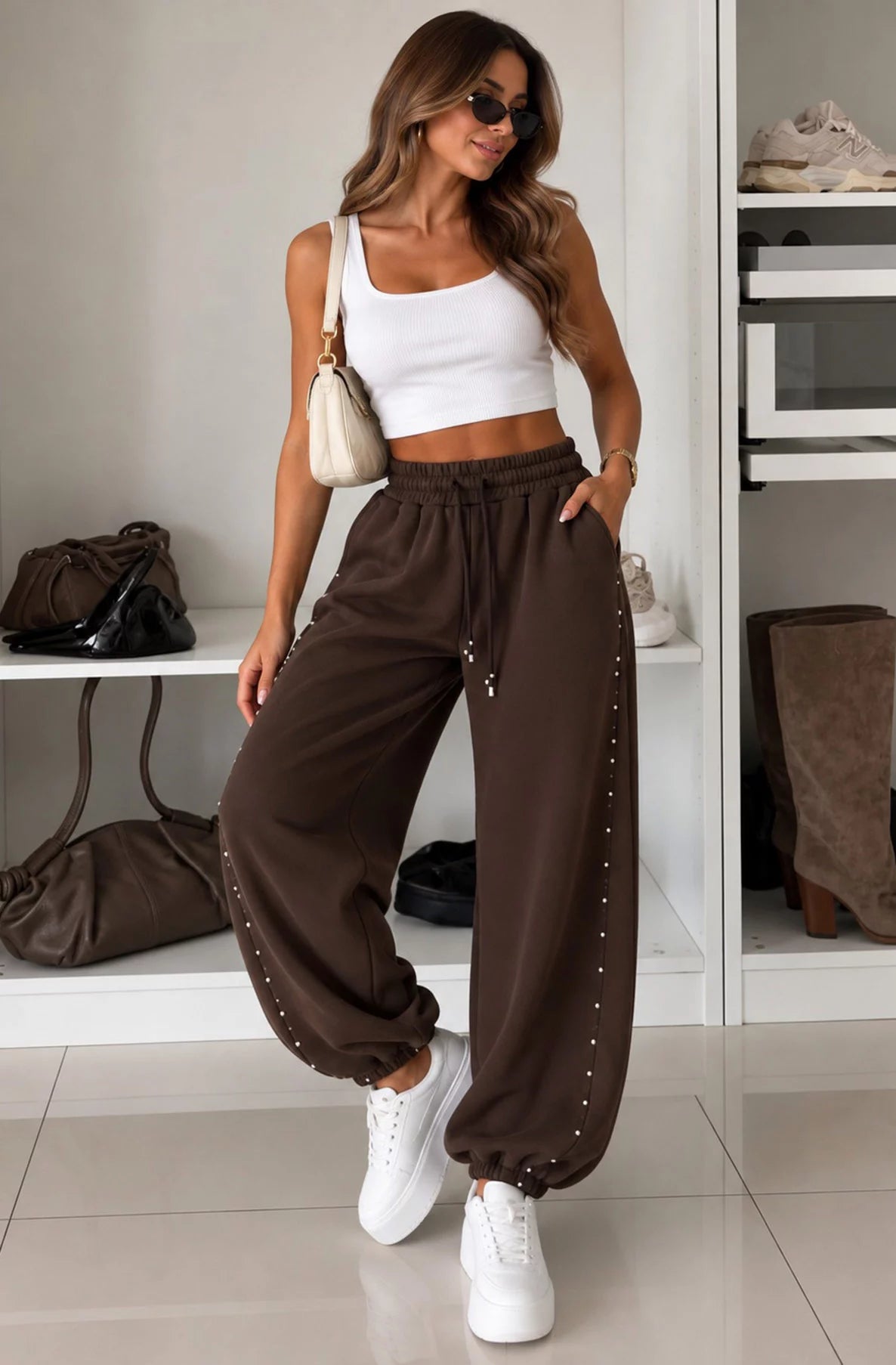 Studded Balloon Joggers - Chocolate Brown