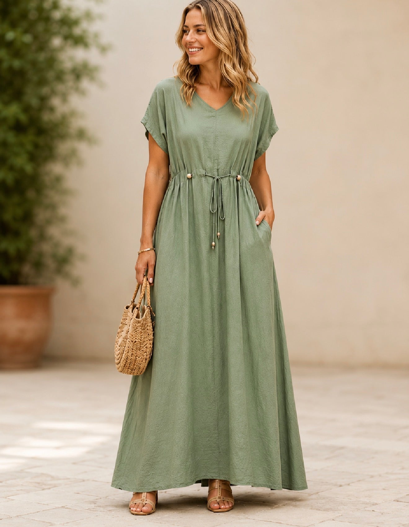 Beaded Summer Maxi Dress - Khaki