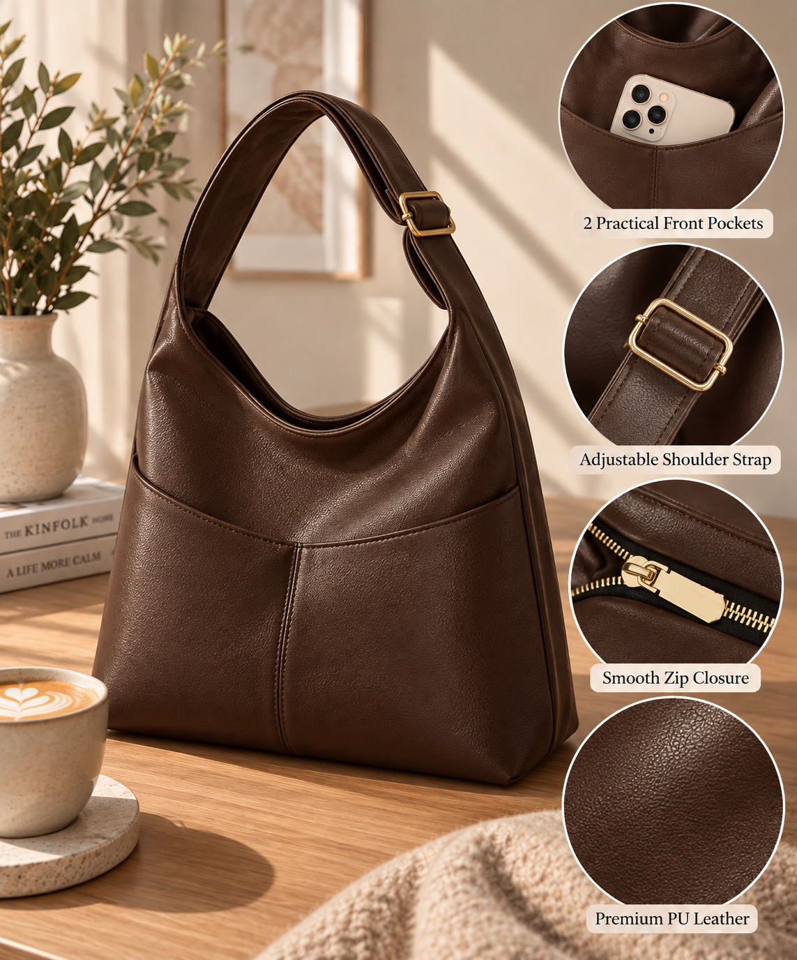 Hobo Shoulder Bag - Brown PU
