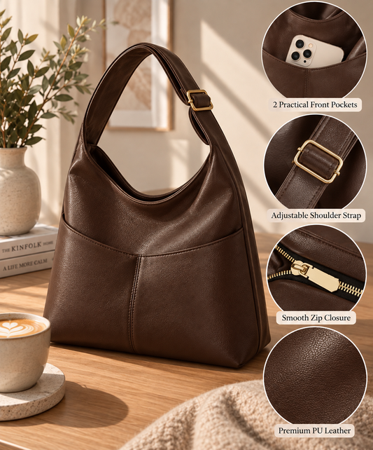 Hobo Shoulder Bag - Brown PU