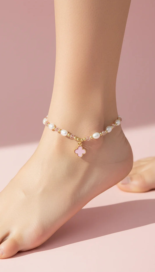 Clover & Pearl Anklet - Pink