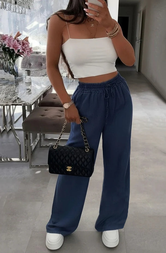 Wide Leg Trousers - Dark Blue